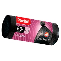 Мешки для мусора 60 л, черные, в рулоне 20 шт., ПНД, 7,4 мкм, 720х600 мм, PACLAN, 600820 в Рославле