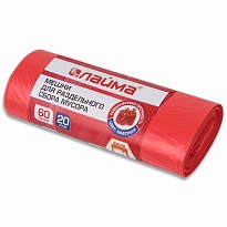 Мешки для мусора 60 л, красный, в рулоне 20 шт., ПНД, 10 мкм, 680х580 мм, LAIMA, 606702 в Рославле