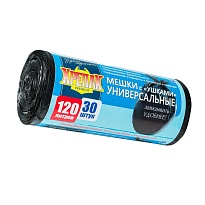 Мешки для мусора 120 л, с ушками, черные, в рулоне 30 шт., ПНД, 15 мкм, 1100х700 мм, Крепак, 4607075710375 в Рославле