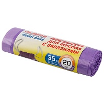 Мешки для мусора 35 л, с завязками, фиолетовые, в рулоне 20 шт., ПНД, 13 мкм, 600х500 мм, LAIMA ULTRA, 607685 в Рославле